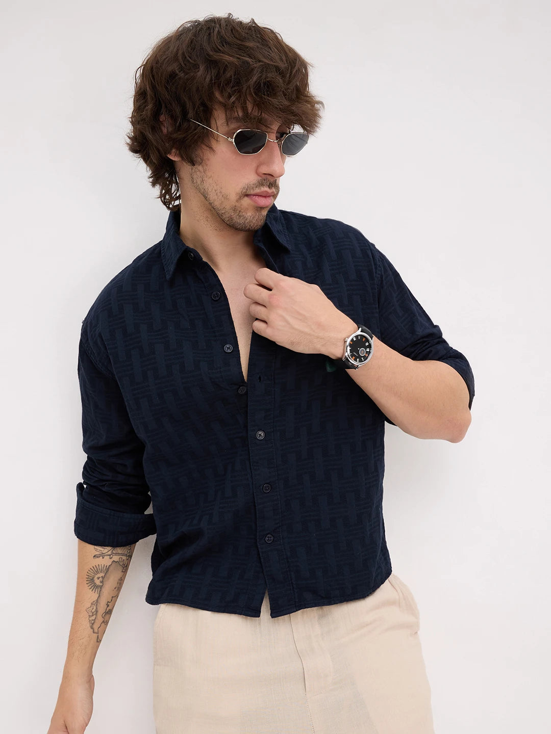 Distinguished Navy Architectural Weave Boxy Fit Crop Shirt