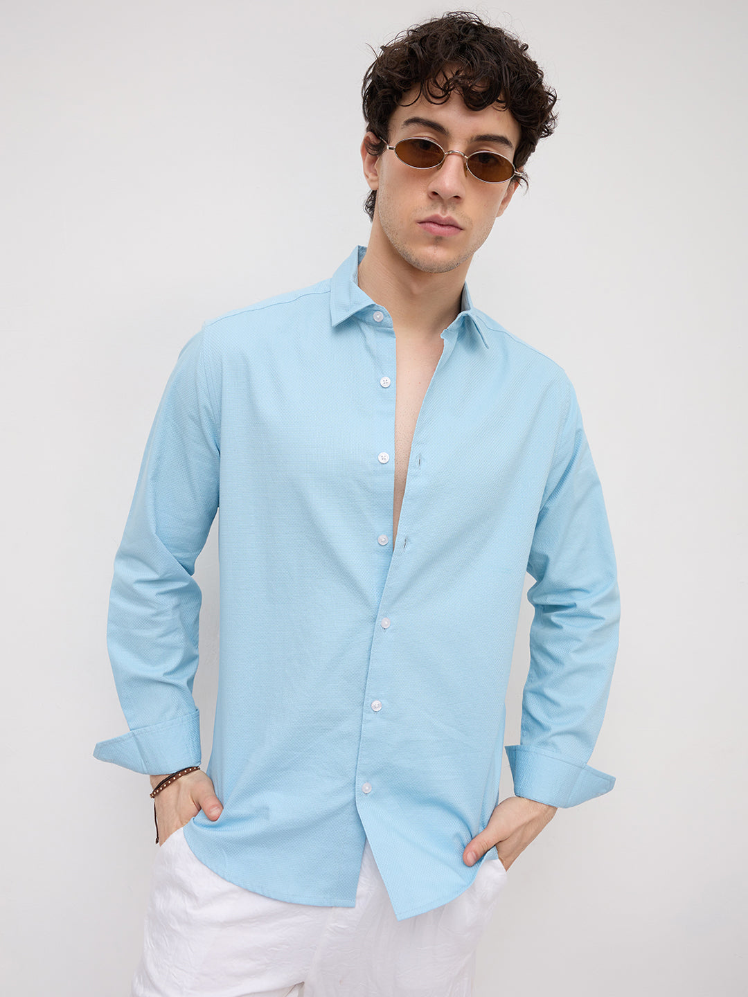 Sky Blue Micro Basket Weave Shirt