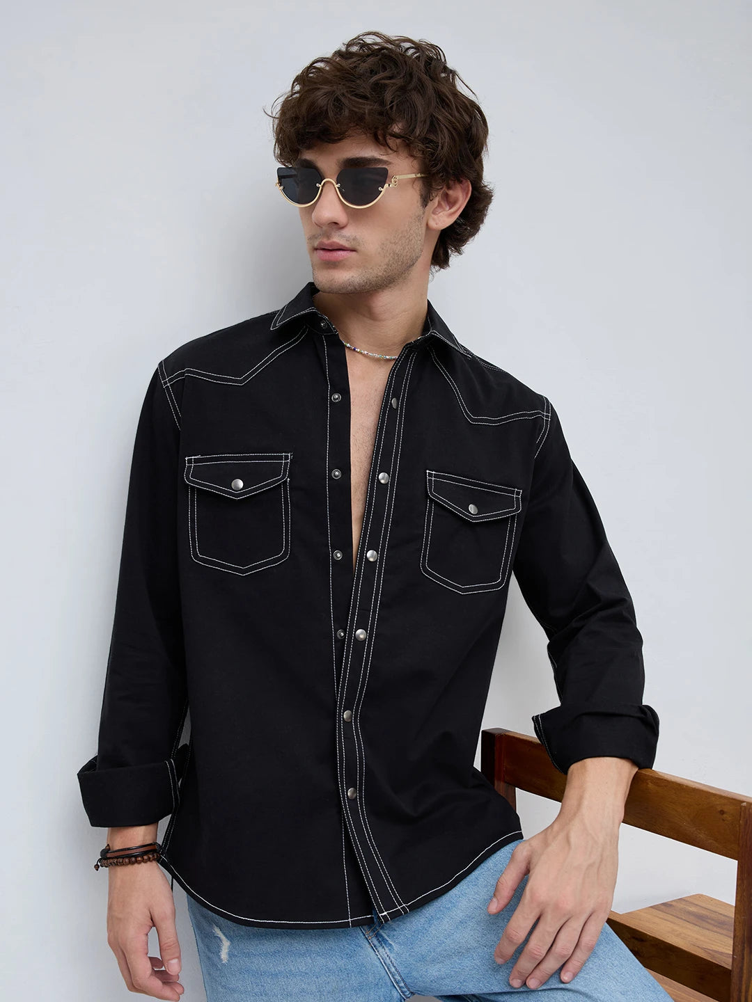 Black Contrast Stitch Twin Pocket Shirt