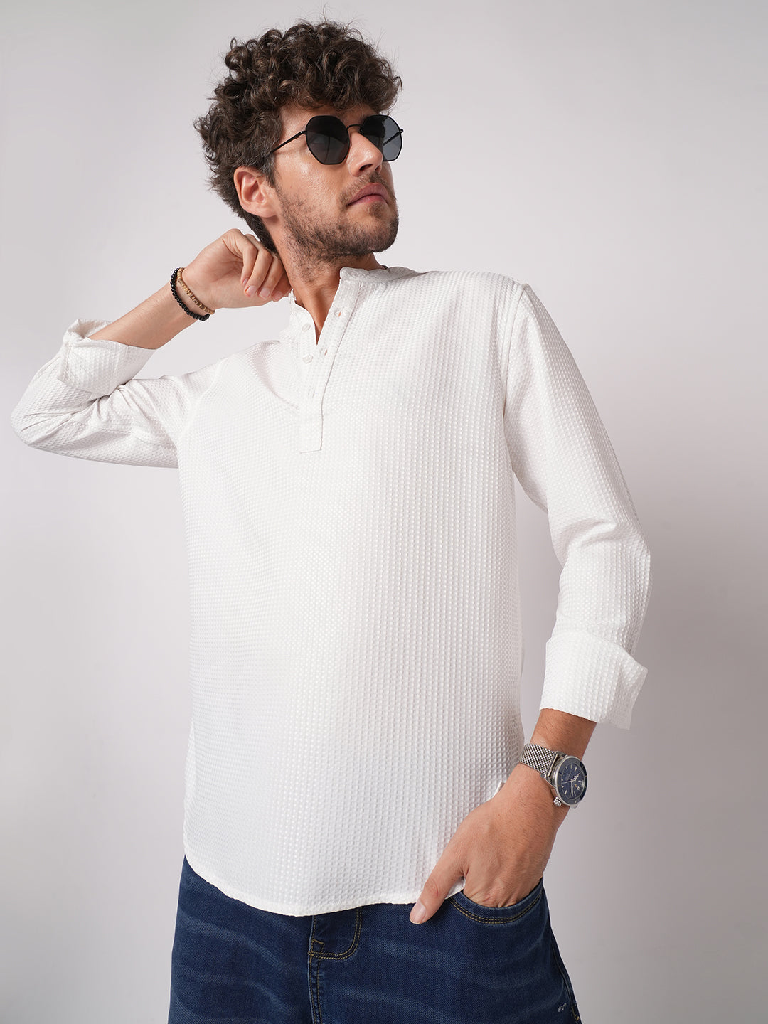 Snow White Dot Embossed Kurta