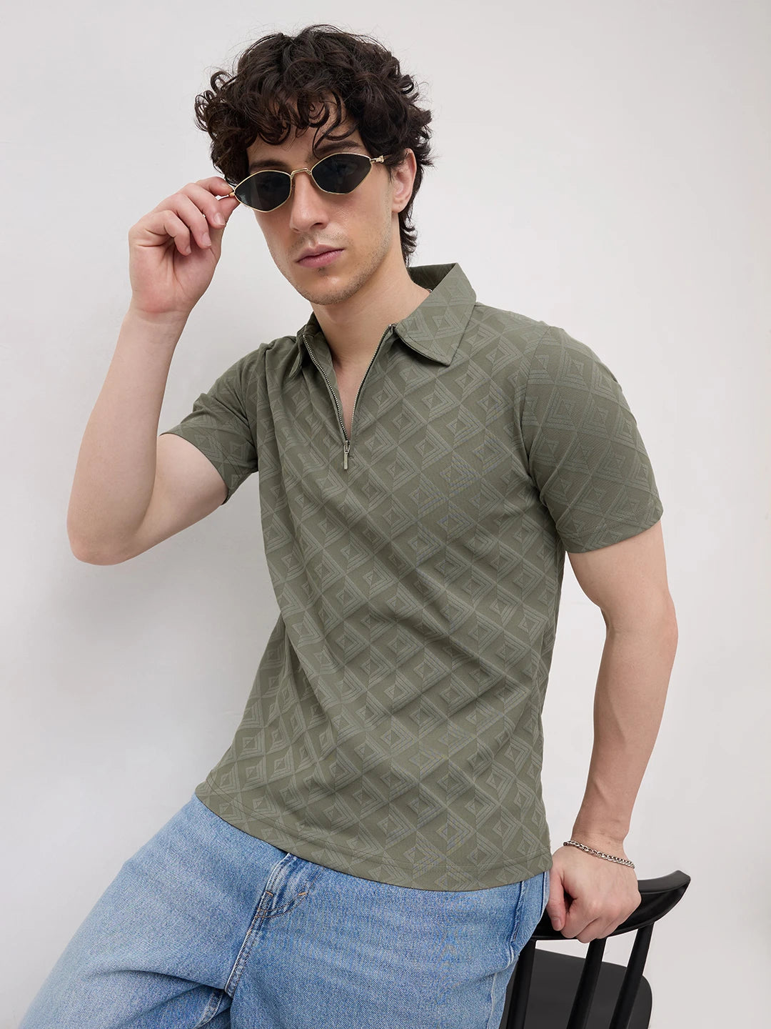 Olive Mist Diamond Embossed Zip Polo Tee