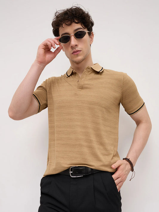 Golden Brown Stripe Embossed Polo Flat Knit T-Shirt