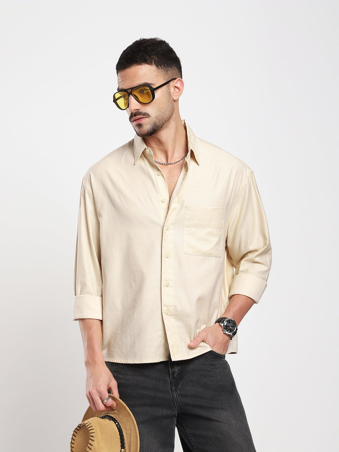 Sunwashed Cream Slub Textured Oversized Boxy Fit Crop Shirt