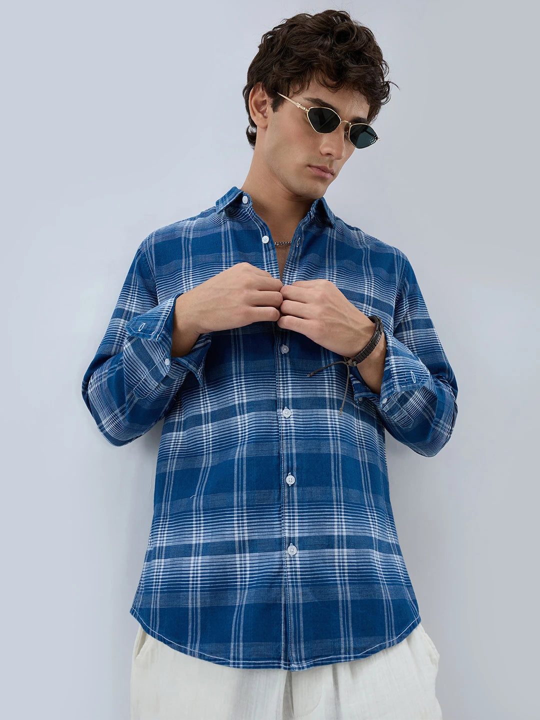 Denim Blue & White Horizontal Stripe Checked Shirt