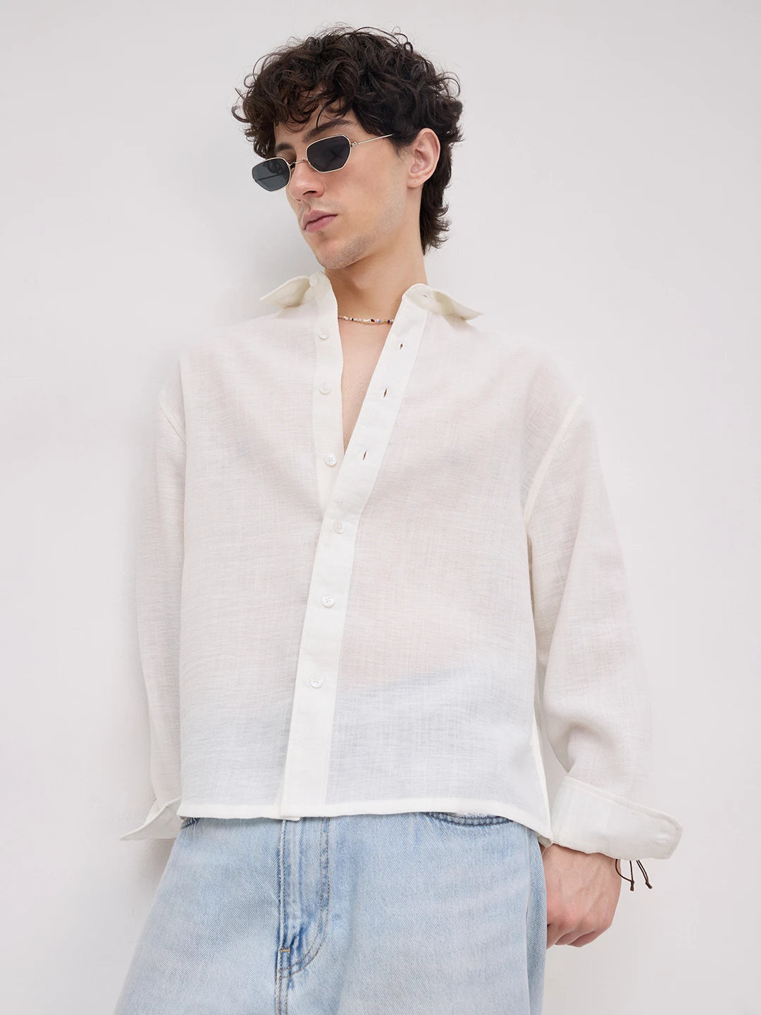 Plush Frost White Sheer Weave Boxy Fit Crop Shirt