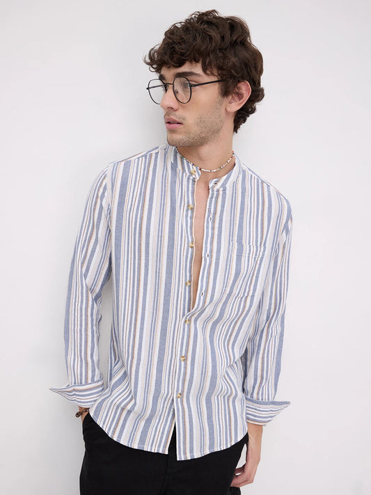 Blue & White Vertical Stripes Mandarin Shirt