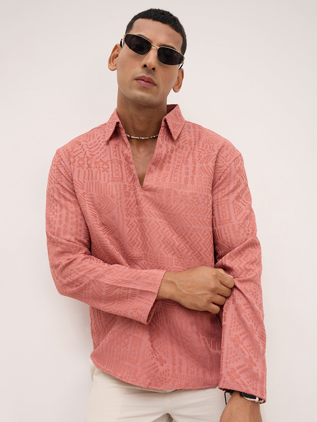 Intricate Soft Coral Textured Oversized Polo Neck Shirt