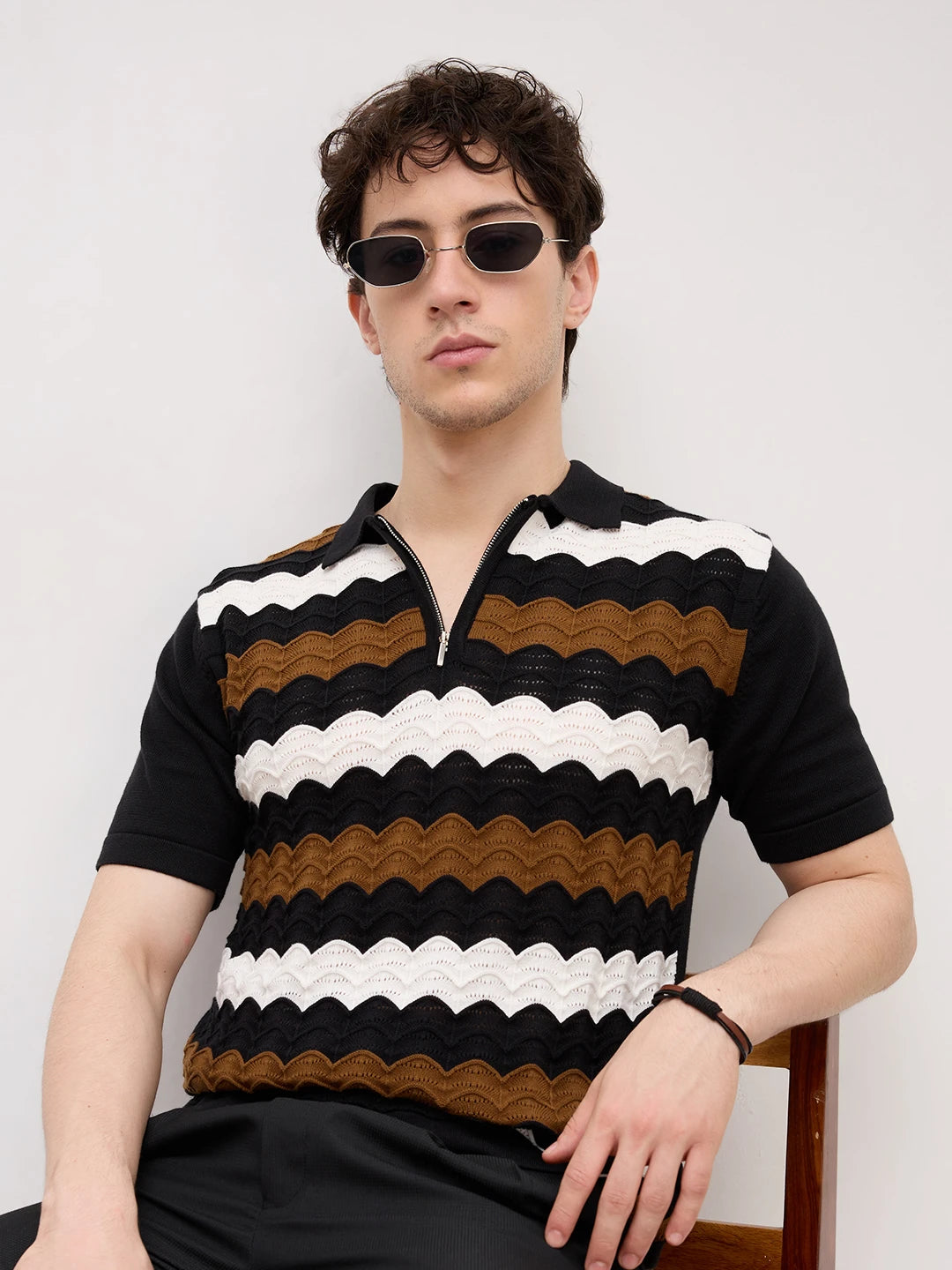 Brown & White Scallop Zip Weave Flat Knit Polo T-Shirt