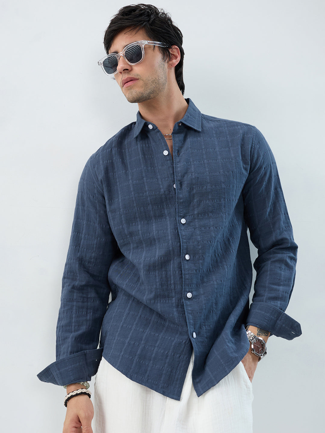 Spruce Blue Double Cloth Checks Shirt