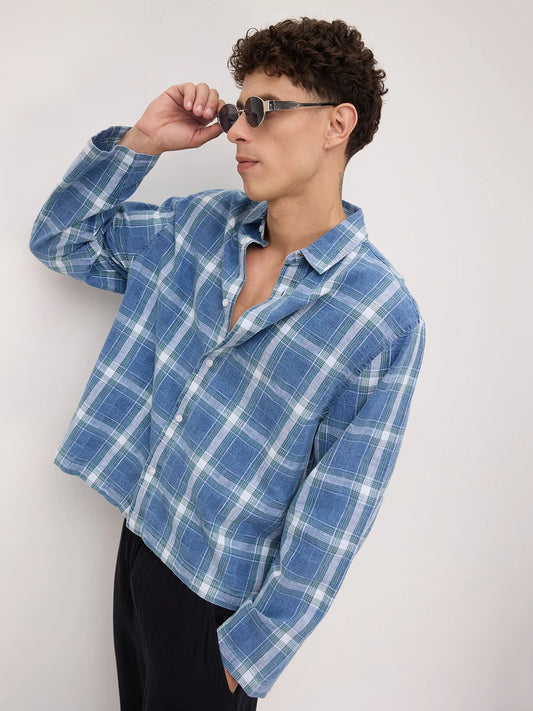 Timeless Denim Plaid Checks Cuffless Oversized Shirt