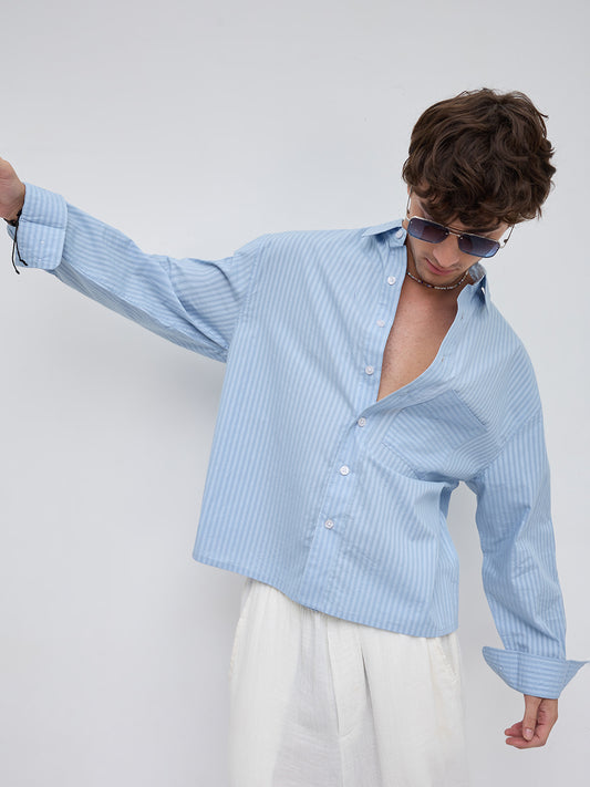 Skyline Blue Sheer Boxy Fit Crop Shirt