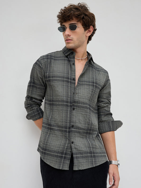 Olive & Black Plaid Checks Textured Shirt