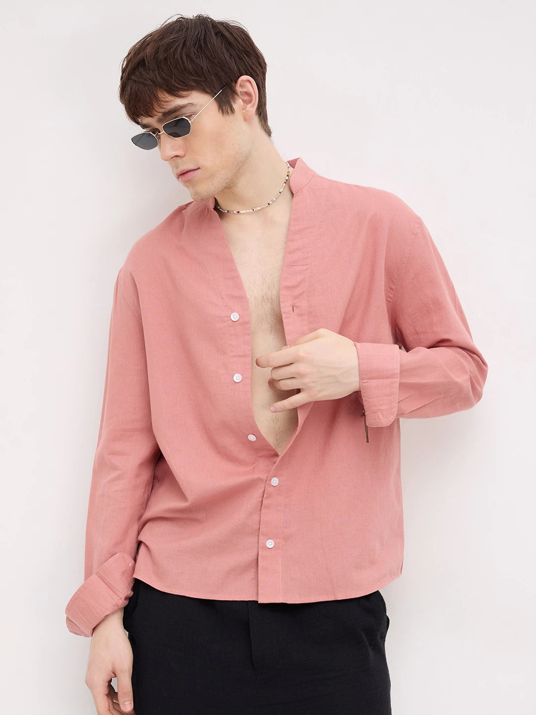 Luxe Coral Linen Blend Stand Collar Oversized Shirt