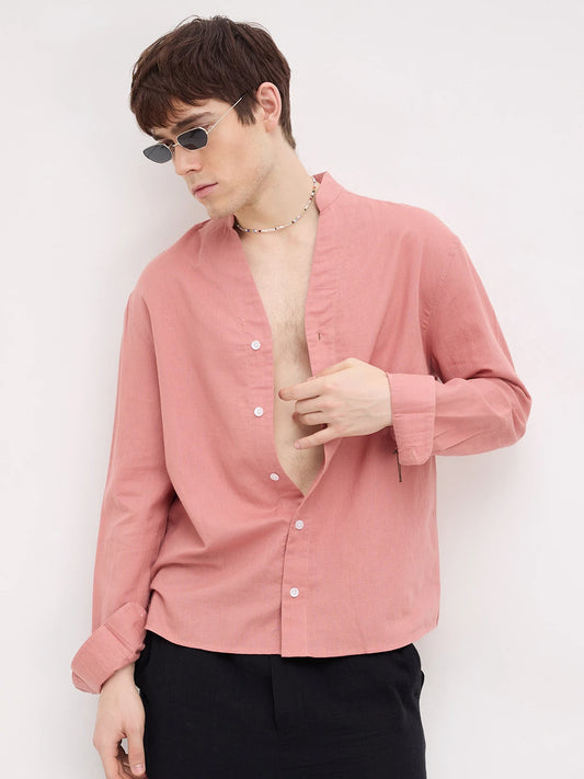 Luxe Coral Linen Blend Stand Collar Oversized Shirt