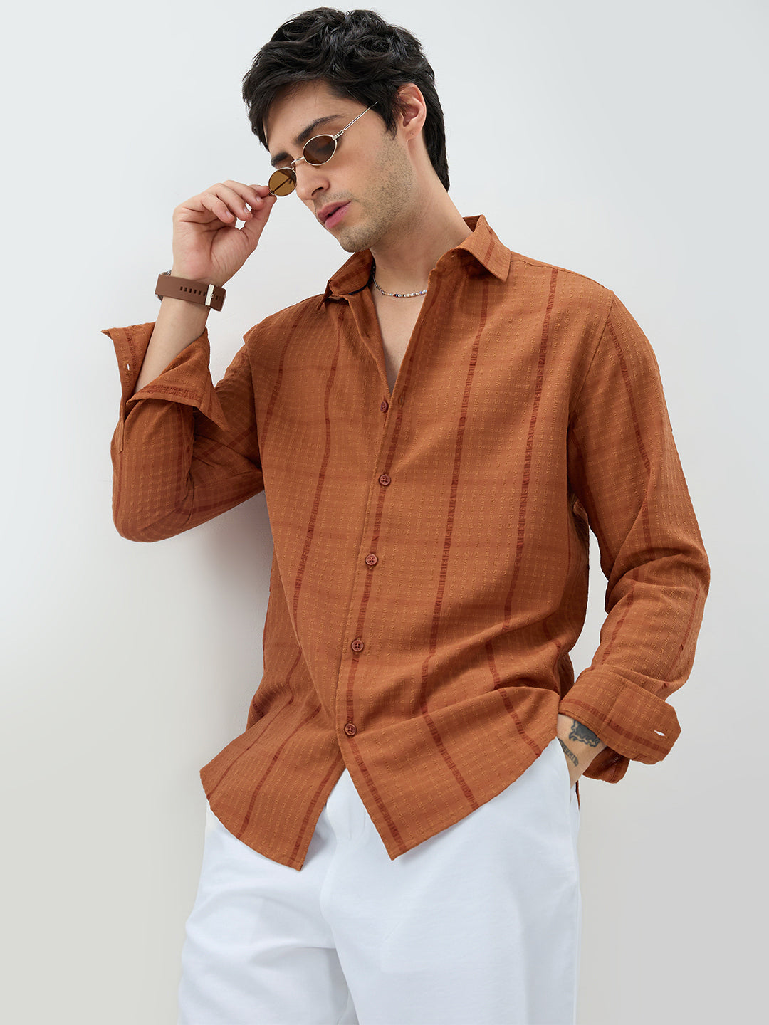 Rust Micro Checks Textured Shirt
