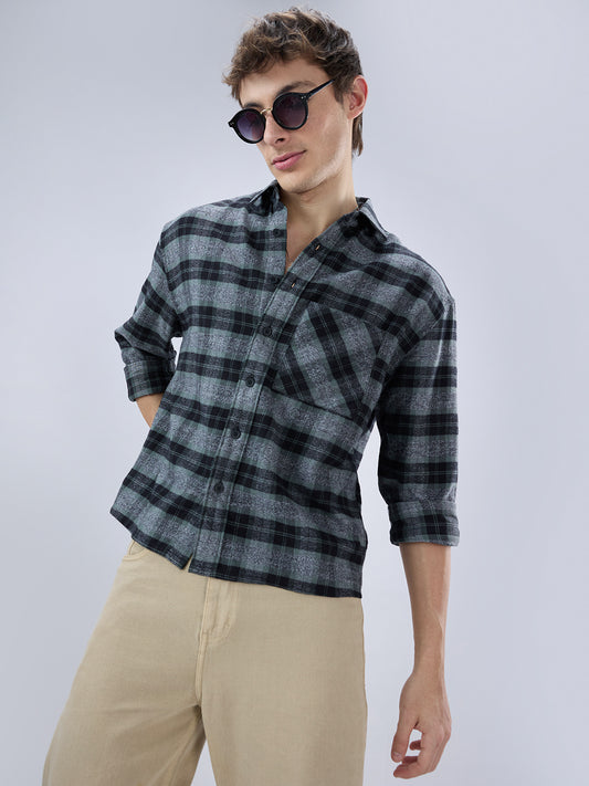 Olive & Black Multicolor Boxy Fit Crop Shirt