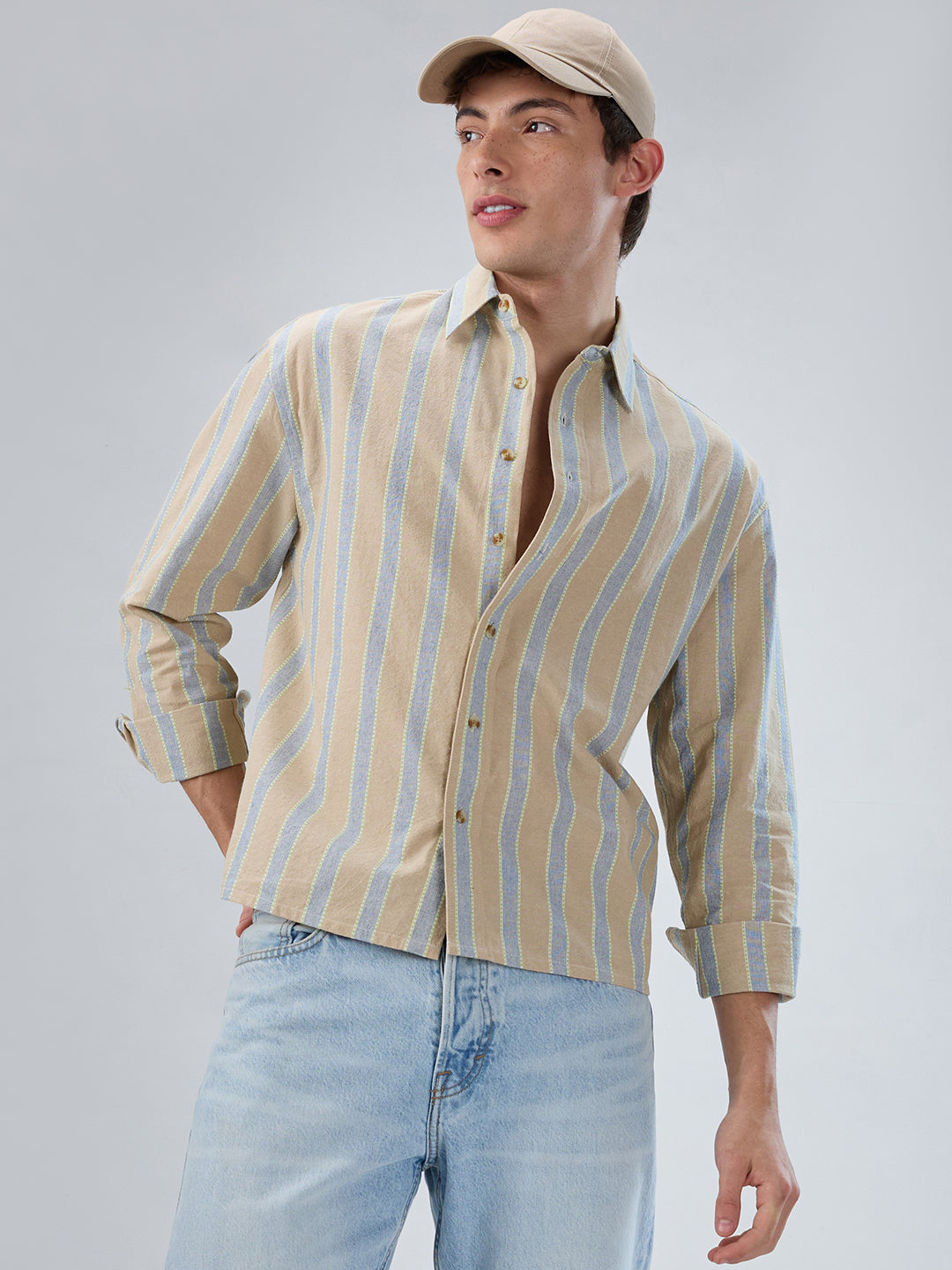 Tan & Navy Contrast Tape Striped Boxy Fit Crop Shirt