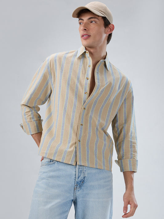 Tan & Navy Contrast Tape Striped Boxy Fit Crop Shirt