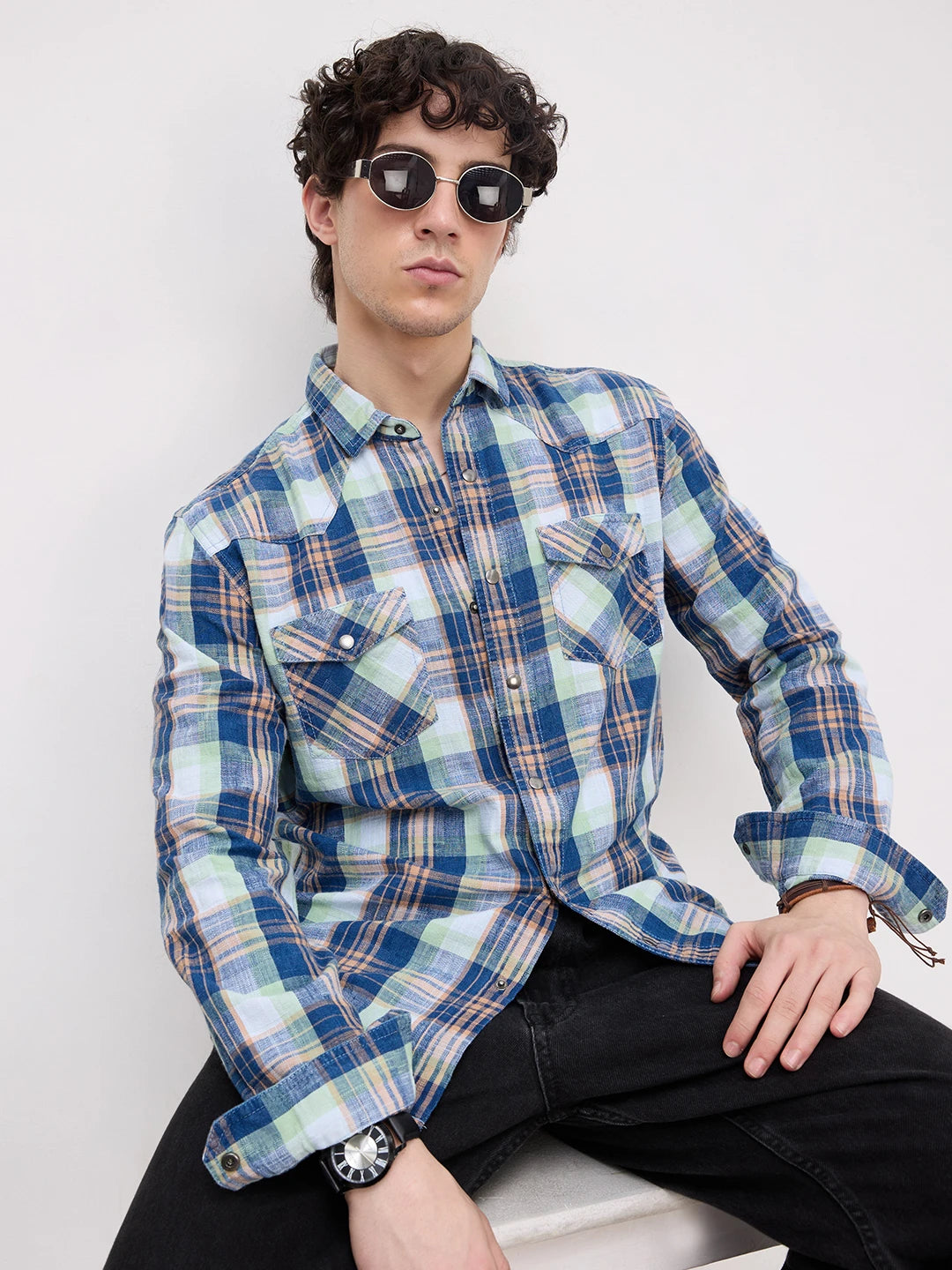 Luxe Denim Contrast Plaid Checks Twin Pocket Shirt