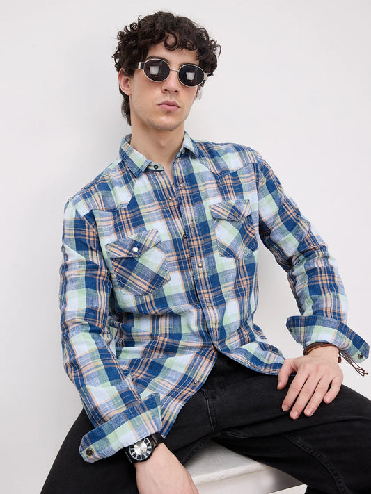 Luxe Denim Contrast Plaid Checks Twin Pocket Shirt