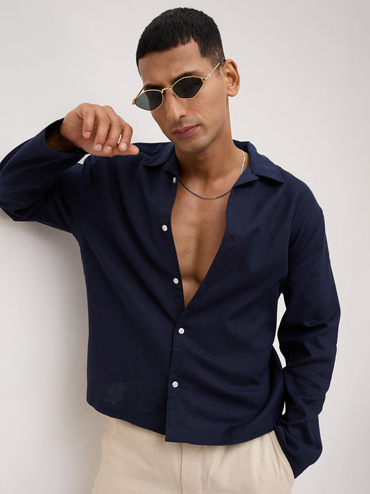 Elite Navy Slub Textured Oversized Notch Collar Shirt
