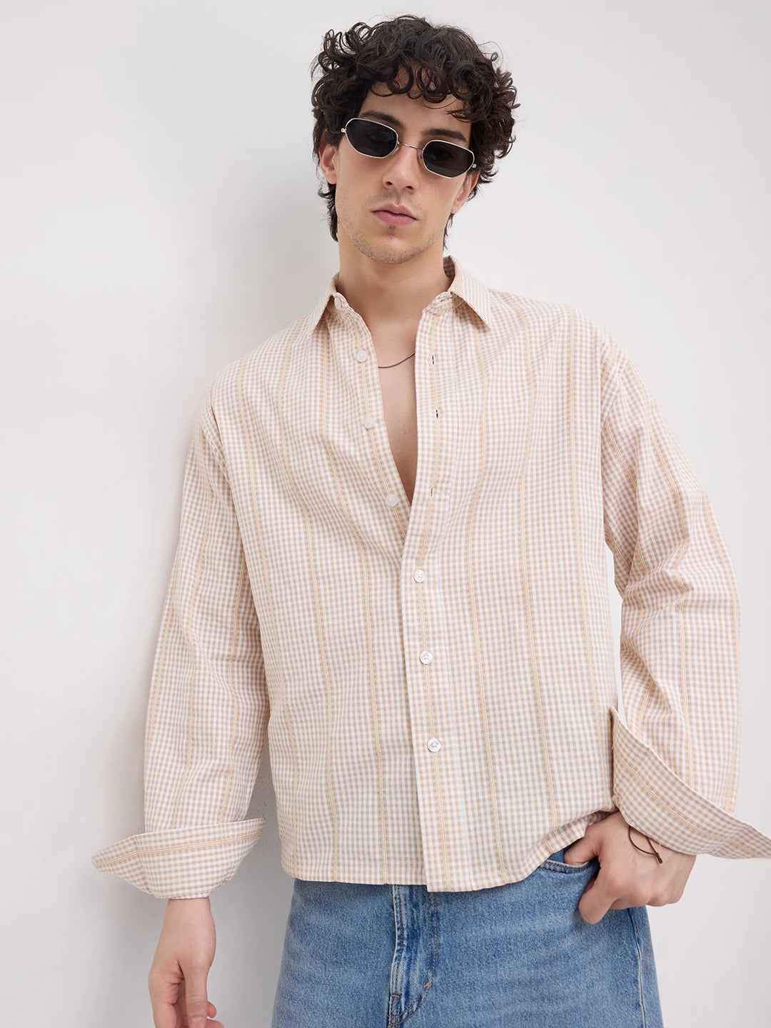 Sand Beige Vacation Checks Boxy Fit Crop Shirt