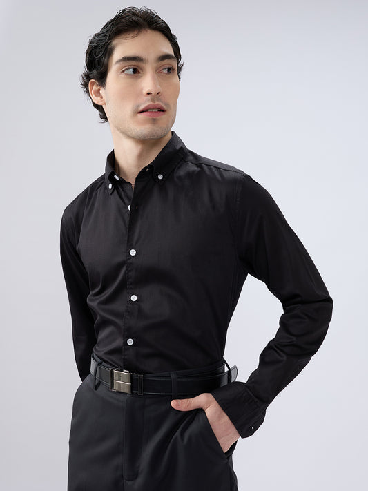 Jet Black Satin Button-Down Collar Luxe Shirt
