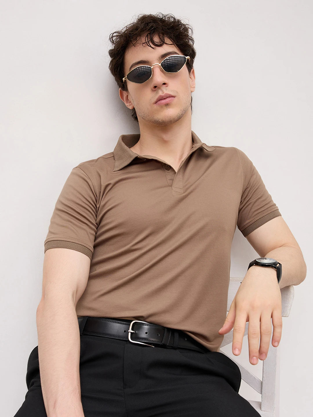 Deep Taupe Honecomb Polo Knit T-Shirt