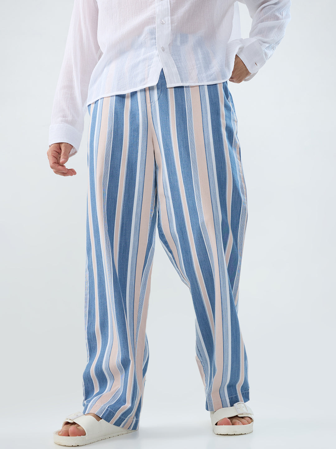 Multi-Tone Denim Striped Straight Fit Trousers