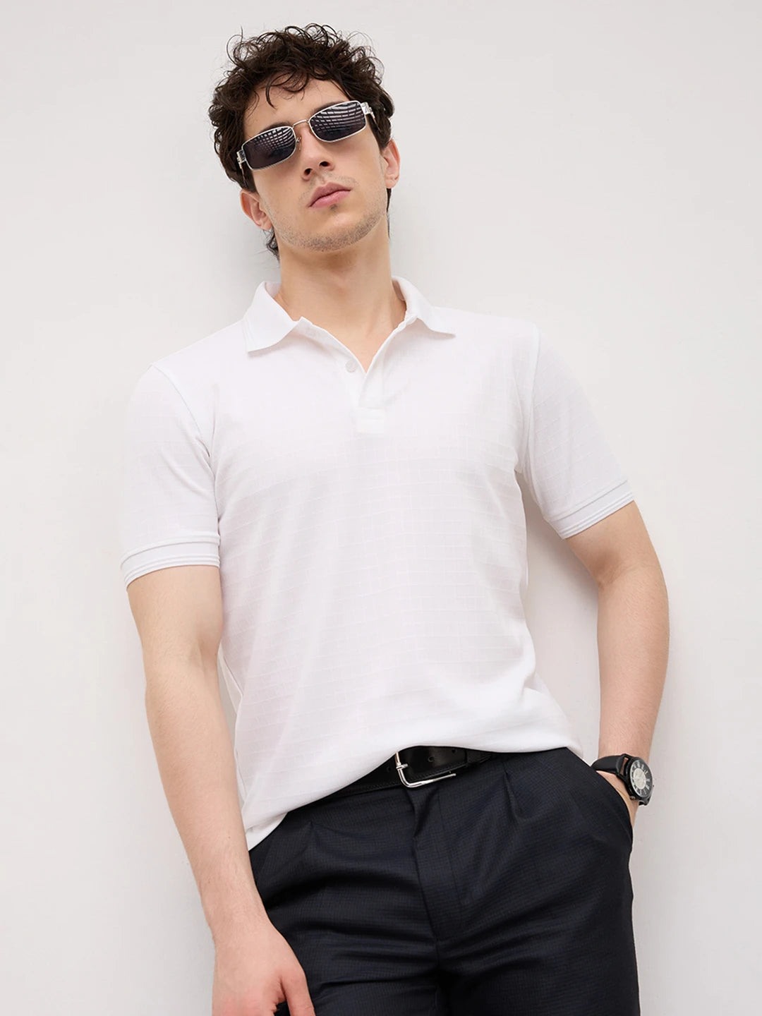 Cloud White Checks Weave Polo Tee