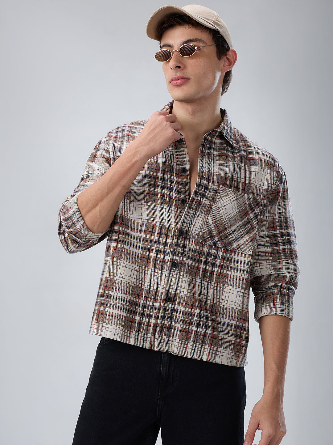 Orange & Brown Plaid Checks Boxy Fit Crop Shirt