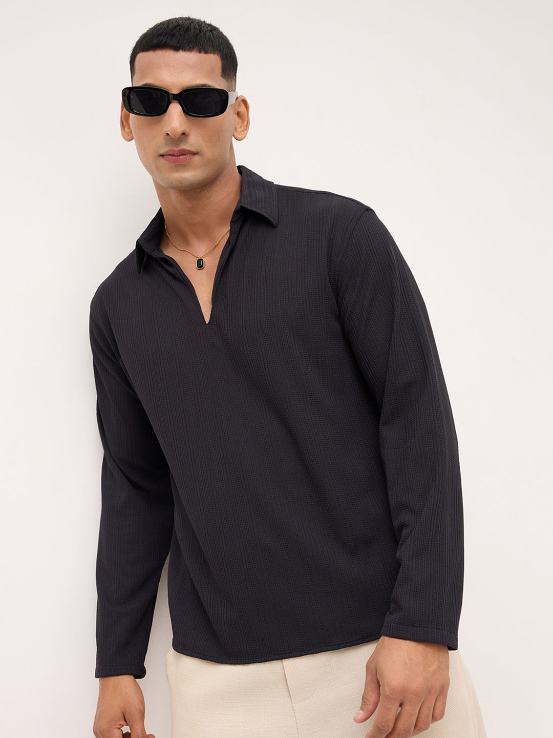 Black Linework Airknit Oversized Polo Shirt
