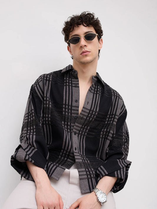 Grey & Black Raised Plaid Checks Cuffless Oversized Crop Shirt