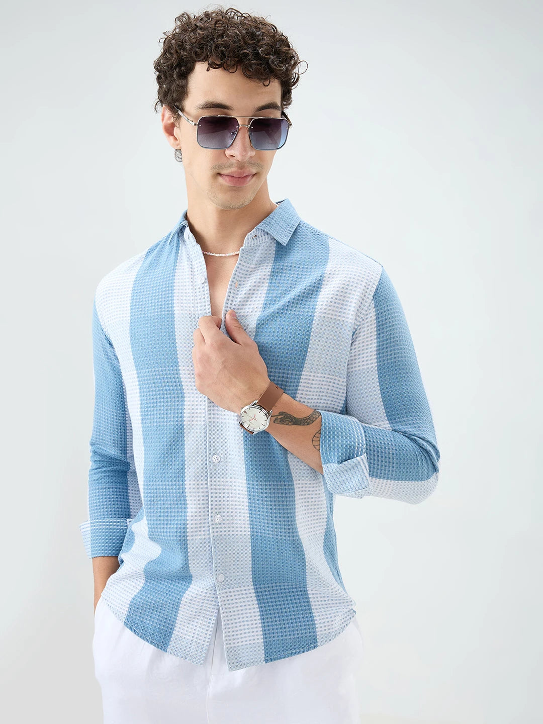 Denim Blue & White Micro Striped Weave Striped Shirt