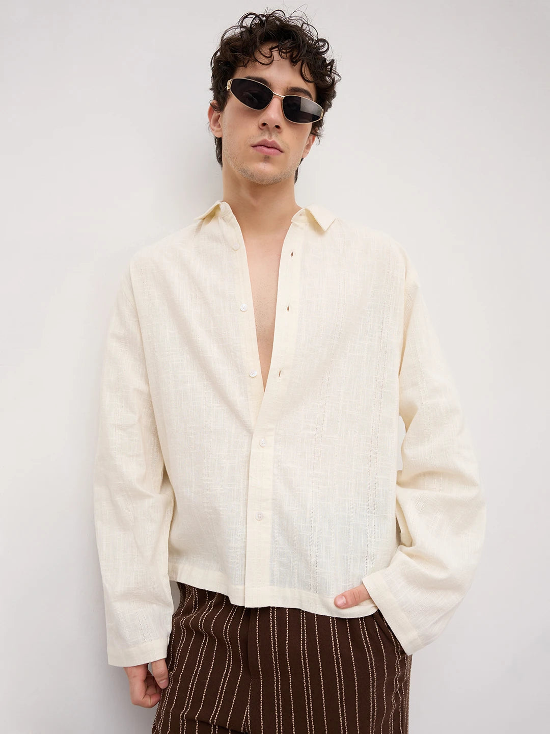 Ivory Sheer Striped Cuffless Oversized Shirt