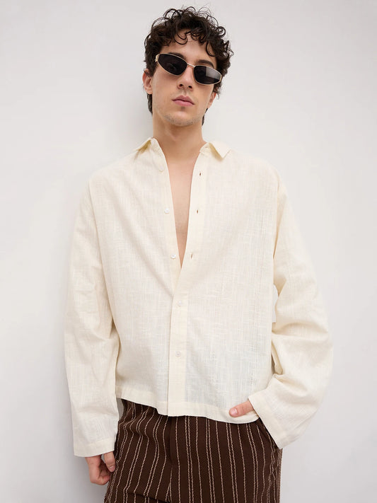 Ivory Sheer Textured Cuffless Oversized Shirt