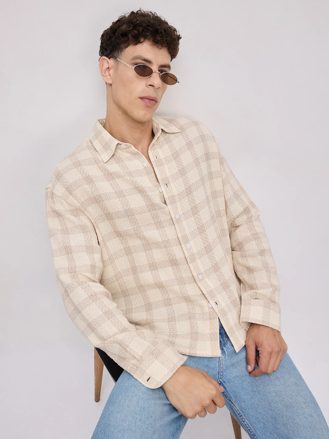 Sand Beige Honeycomb Grid Weave Boxy Fit Crop Shirt
