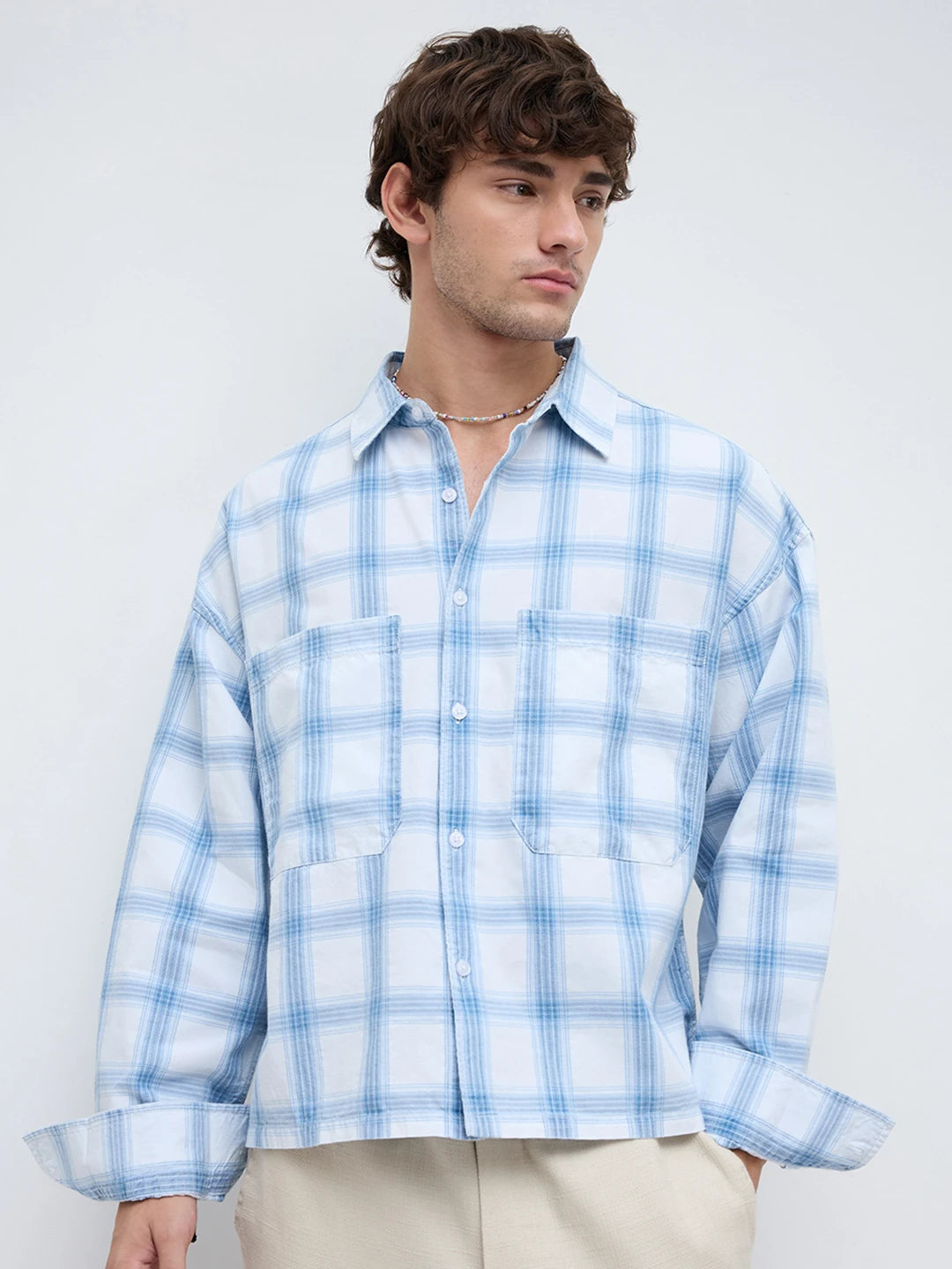 Timeless Denim Plaid Checks Twin Pocket Oversized Crop Shirt