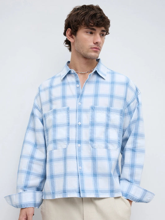 Timeless Denim Plaid Checks Twin Pocket Oversized Crop Shirt