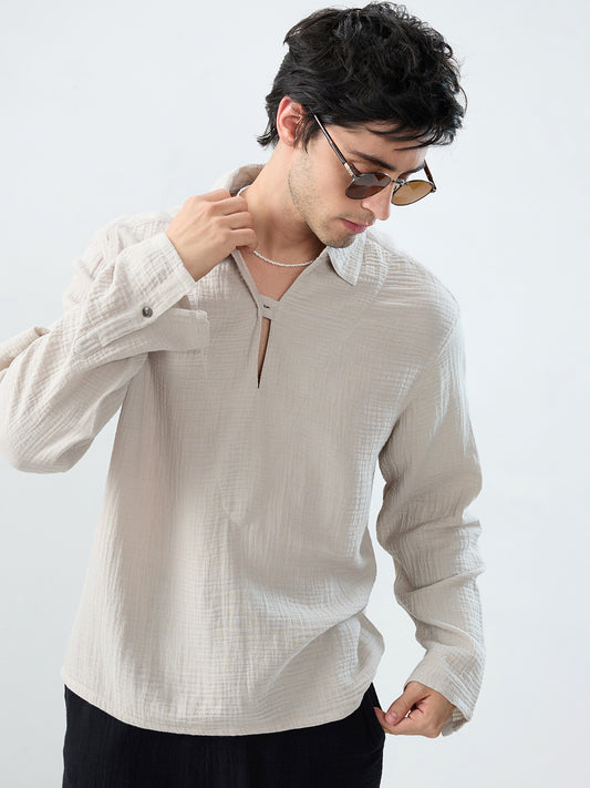 Cloud Grey Cuffless Double Cloth Oversized Shirt