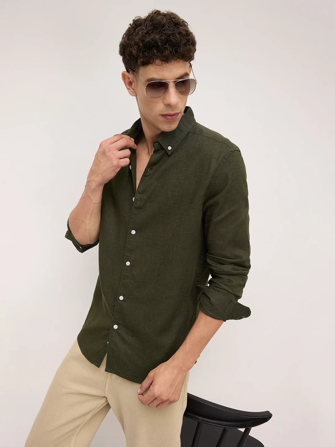 Forest Green Button-Down Collar Linen Blend Shirt