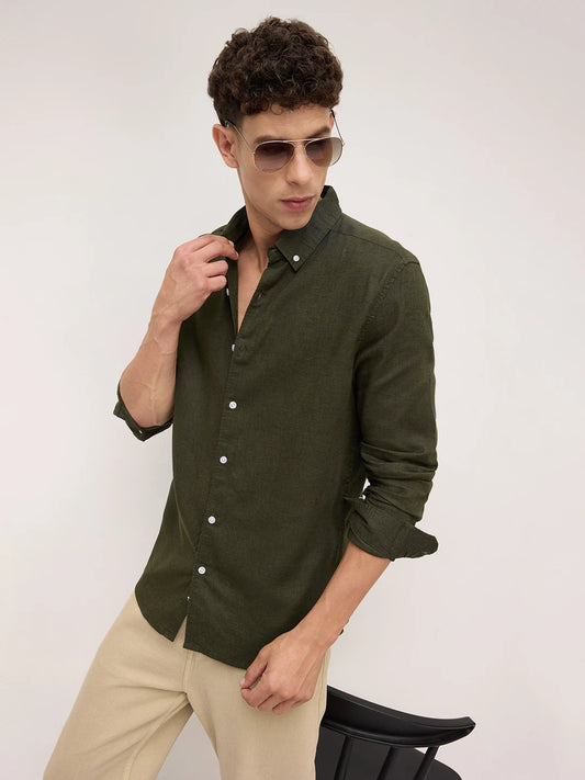 Forest Green Button-Down Collar Linen Blend Shirt