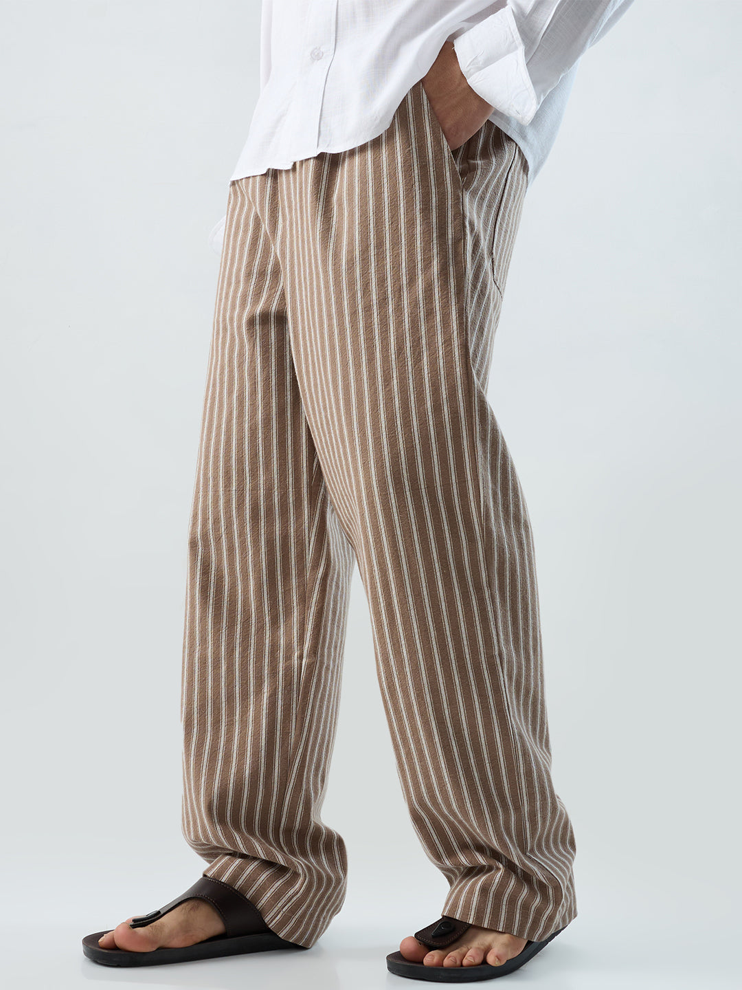Beachline Brown Vertical Striped Straight-Fit Trousers