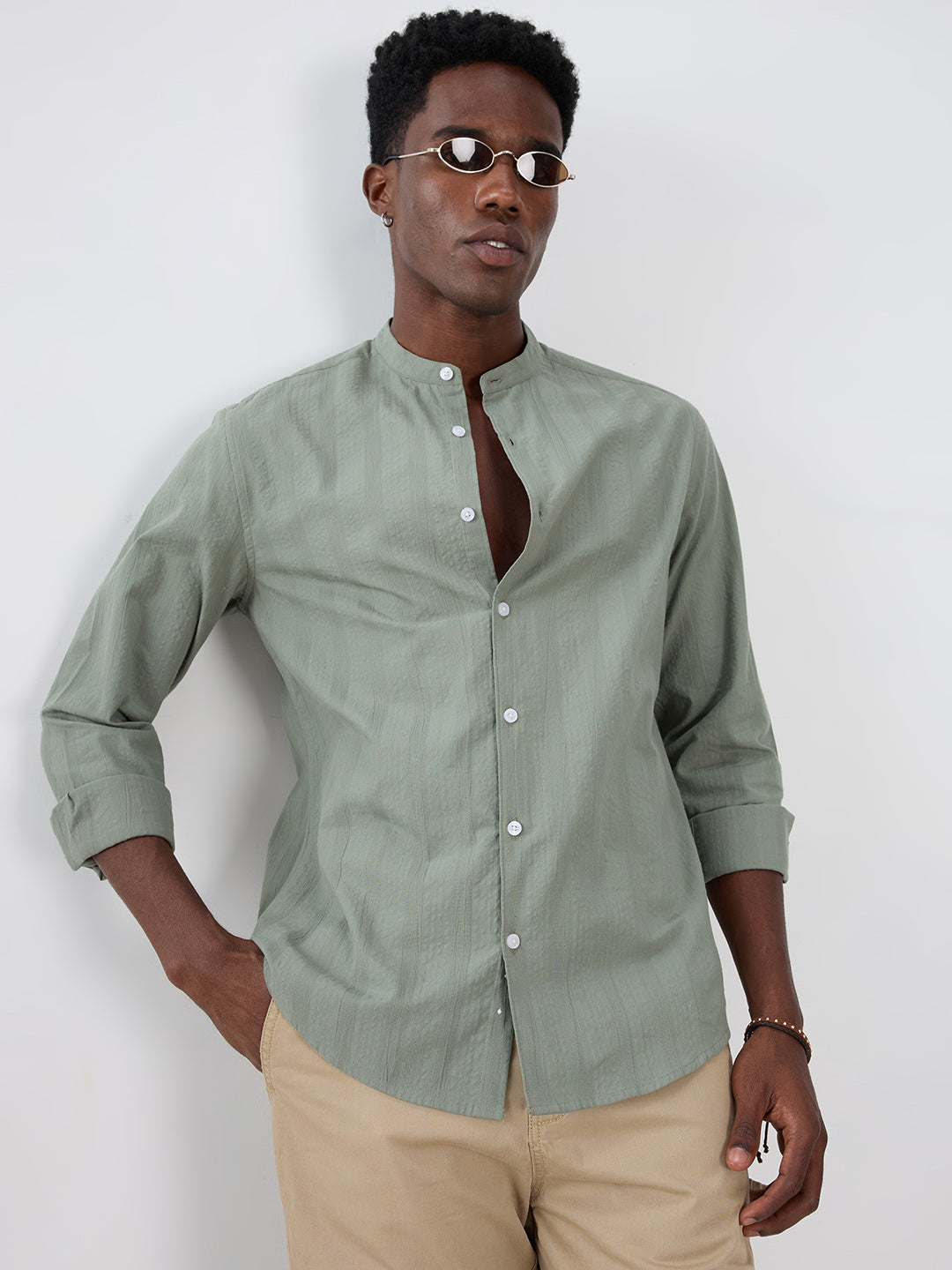 Asparagus Green Seersucker Striped Mandarin Shirt