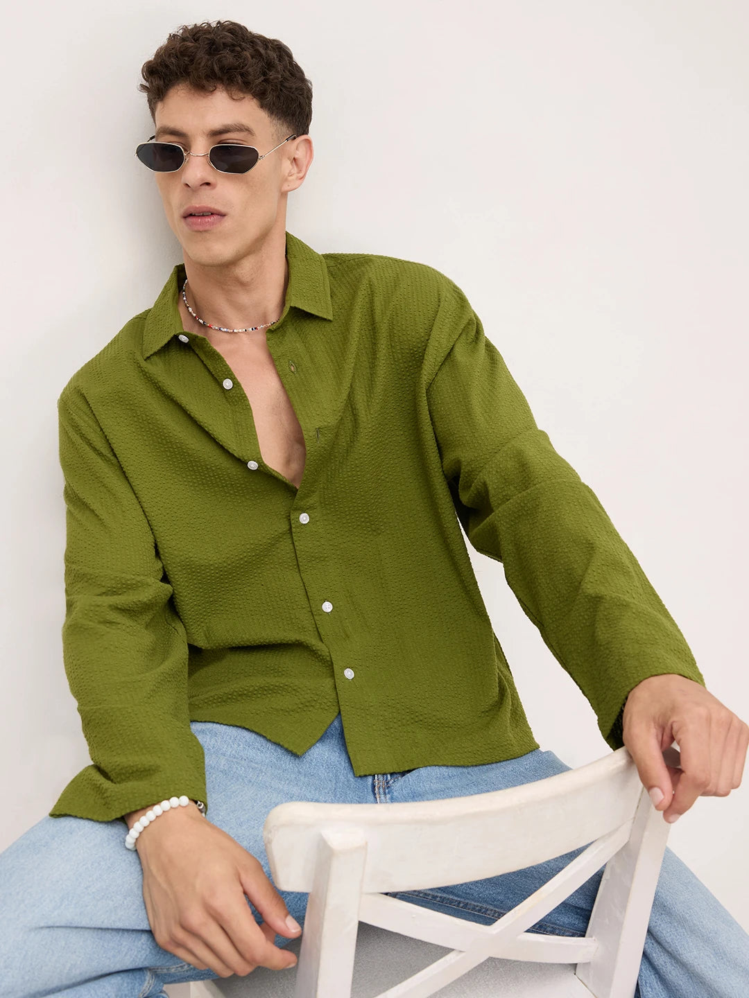 Forest Green Seersucker Cuffless Oversized Shirt