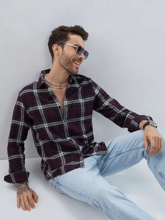 Premium Cotton Dark Maroon Tartan Plaid Checked Shirt