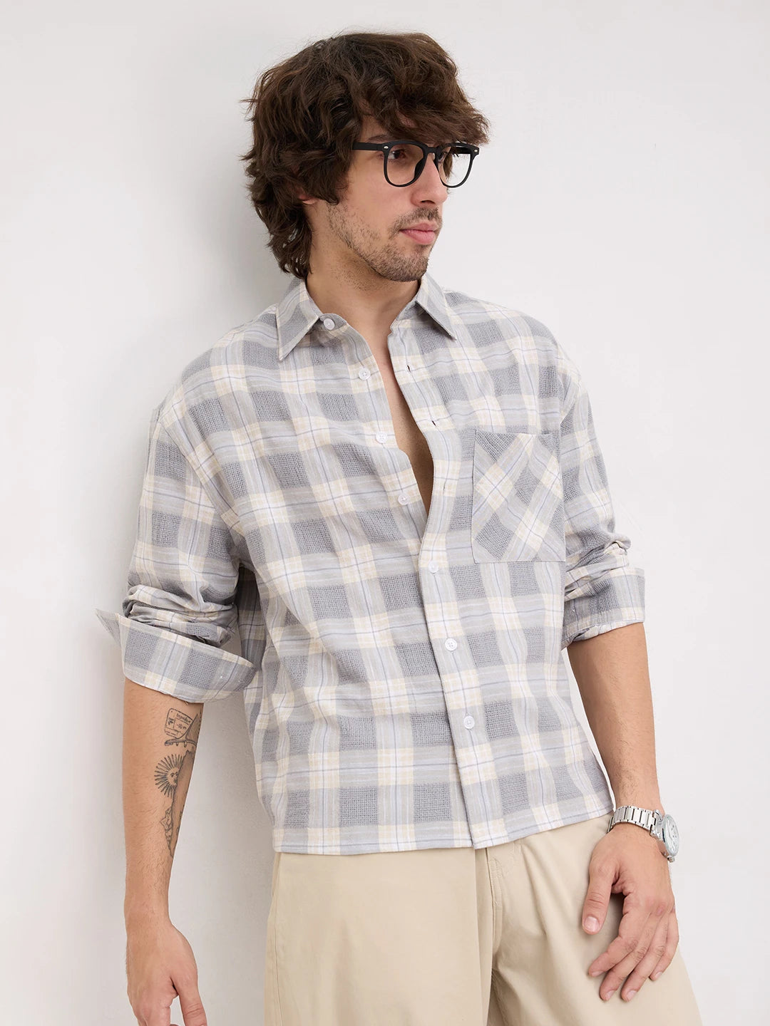 Grey & Beige Structured Check Weave Boxy Fit Crop Shirt