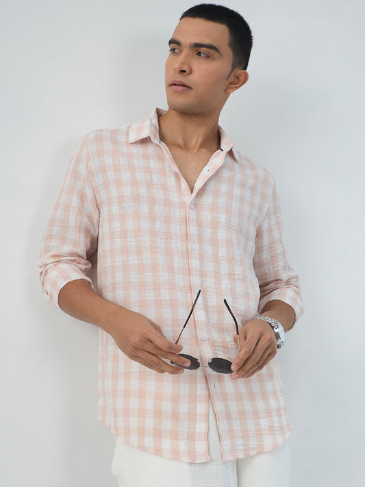 Soft Pastel Peach Box Checks Crinkled Shirt