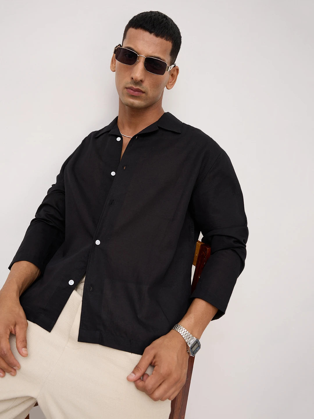 Luxe Black Linen Blend Notch Collar Oversized Shirt