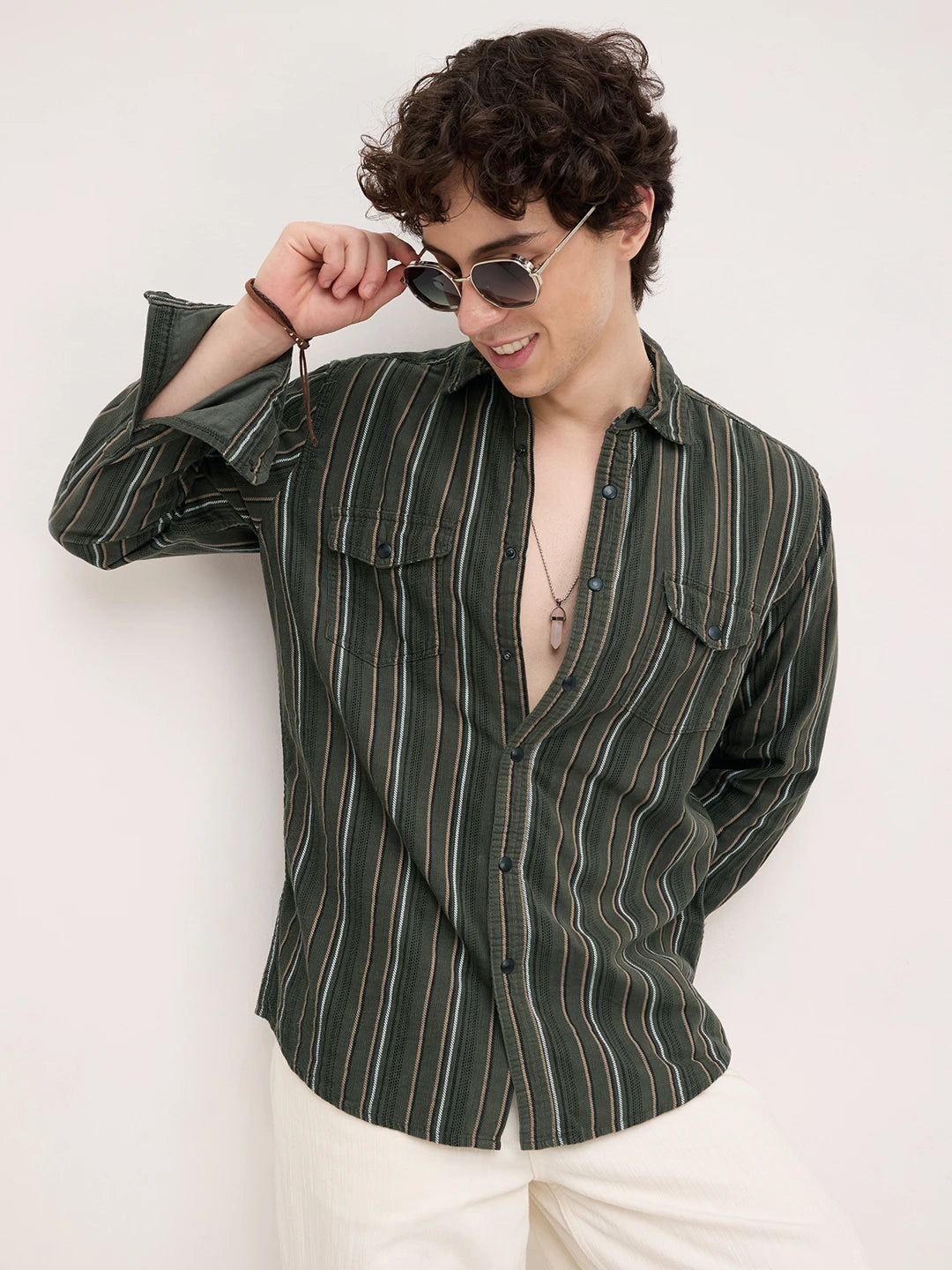 Forest Vibe Multi-Stripe Olive Twin Pocket Corduroy Shirt